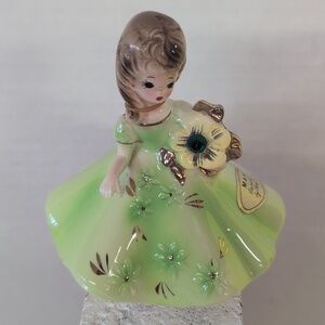 Vintage Josef Original May Birthday Doll Ceramic Tag Emerald Green